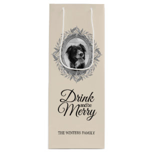 Merry Christmas Silver Leaves Wreath Frame Photo Wine Gift Bag