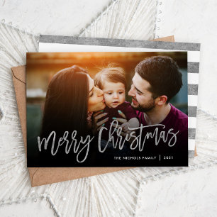 Merry Christmas Silver Script Photo Overlay Holiday Card