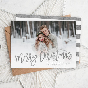 Merry Christmas Silver Script Photo Overlay Holiday Card