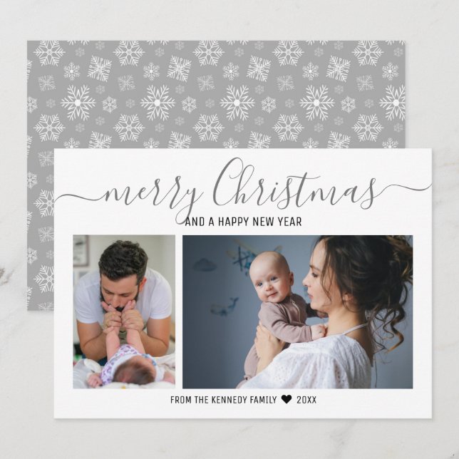 Merry Christmas Silver Snowflakes 2 Photo Collage Holiday Card (Front/Back)