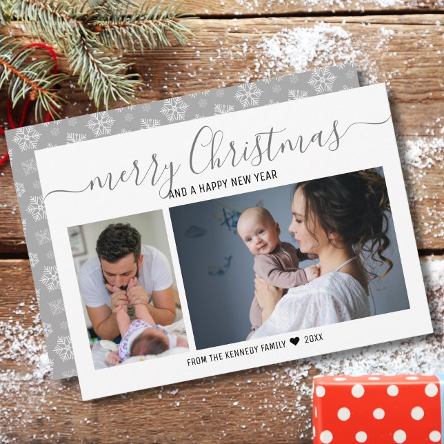 Merry Christmas Silver Snowflakes 2 Photo Collage Holiday Card (Creator Uploaded)