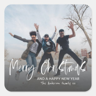 Merry Christmas Simple Calligraphy 1 Photo Holiday Square Sticker