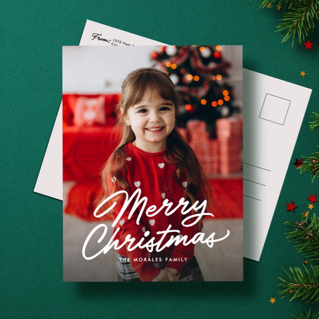 Merry Christmas simple casual script one photo Holiday Postcard (Creator Uploaded)