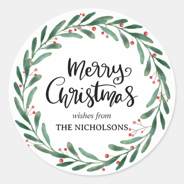 Merry Christmas Simple Casual Script | Wreath Classic Round Sticker (Front)