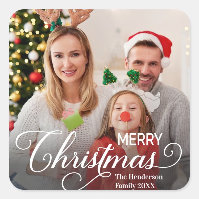 Merry Christmas Simple Custom Photo Square Sticker (Front)
