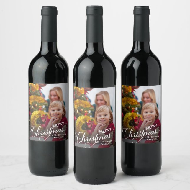 Merry Christmas Simple Custom Photo Wine Label (Bottles)