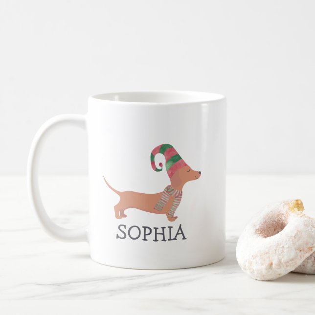 Merry Christmas Simple Cute Dachshund Dog  Coffee Mug (With Donut)