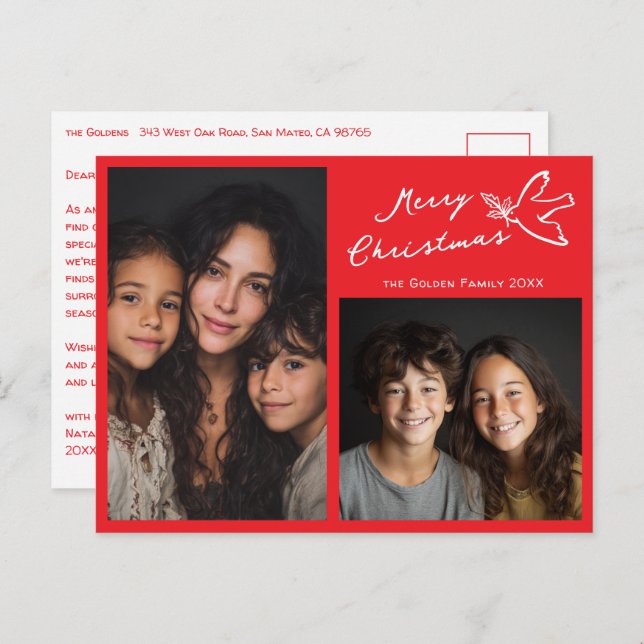 MERRY CHRISTMAS Simple Dove CUSTOM 2 PHOTO Holiday Postcard (Front/Back)