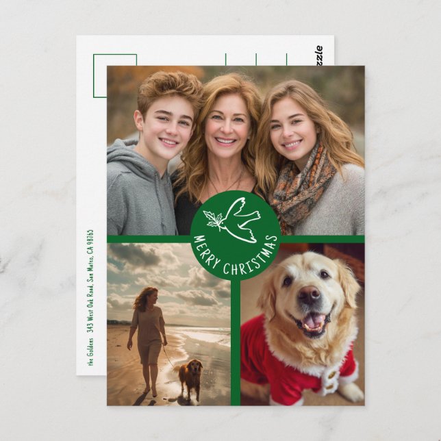 MERRY CHRISTMAS Simple Dove CUSTOM 3 PHOTO Holiday Postcard (Front/Back)