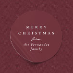 Merry Christmas simple elegant maroon holiday Classic Round Sticker<br><div class="desc">Designed to coordinate with the Lea Delaveris Design holiday herringbone collection, this red wine colour personalised Merry Christmas sticker is the perfect touch for all your Christmas gifts. The rich festive maroon background is versatile and coordinates with a variety of wrapping paper designs and the simple typography is perfect for...</div>