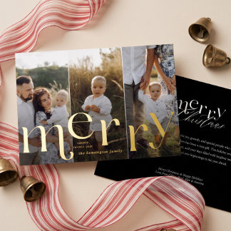 Merry Christmas Simple Elegant Minimal 3 Photo Foil Holiday Card