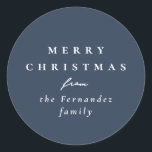 Merry Christmas simple elegant navy holiday gift Classic Round Sticker<br><div class="desc">Designed to coordinate with the Lea Delaveris Design holiday herringbone tweed collection, this classic navy blue personalised Merry Christmas sticker is the perfect touch for all your Christmas gifts. The popular navy background is versatile and coordinates with a variety of wrapping paper designs (though this matches perfectly with the navy...</div>