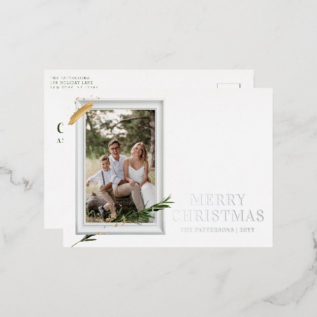 Merry Christmas Simple Elegant Photo Frame Modern Foil Holiday Postcard (Front/Back)