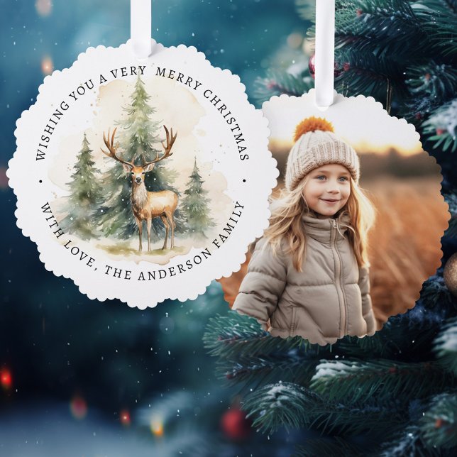 Merry Christmas simple elegant photo pine green Tree Decoration Card (Merry Christmas simple elegant photo pine green Ornament Card)