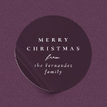 Merry Christmas simple elegant plum purple holiday Classic Round Sticker<br><div class="desc">Designed to coordinate with the Lea Delaveris Design holiday herringbone collection, this chic plum personalised Merry Christmas sticker is the perfect touch for all your Christmas gifts. The rich festive dark purple background is versatile and coordinates with a variety of wrapping paper designs and the simple typography is perfect for...</div>