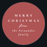Merry Christmas simple elegant red holiday gift Classic Round Sticker<br><div class="desc">Designed to coordinate with the Lea Delaveris Design holiday herringbone collection, this festive red personalised Merry Christmas sticker is the perfect touch for all your Christmas gifts. The popular red background is versatile and coordinates with a variety of wrapping paper designs (though this matches perfectly with the red in the...</div>