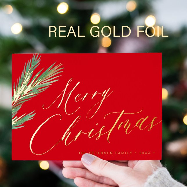 Merry Christmas simple elegant script red gold Foil Holiday Card (You can choose the color of the FOIL: GOLD, ROSE GOLD, or SILVER.)