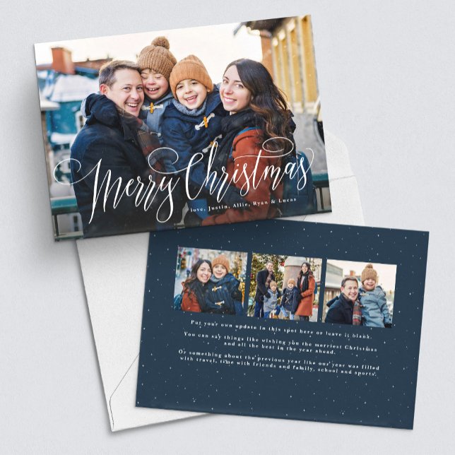 Merry Christmas simple four photo navy blue Holiday Card (Creator Uploaded)