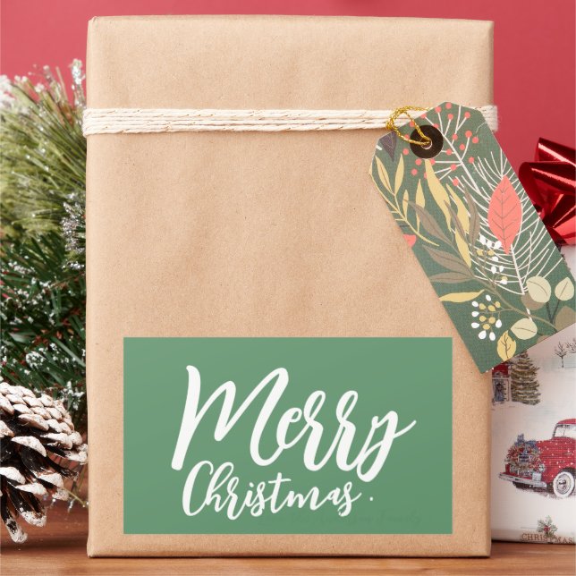 Merry Christmas Simple Girly White Script Green Rectangular Sticker (Holiday)