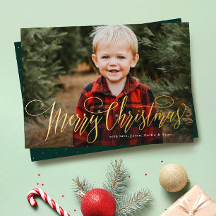 Merry Christmas simple green one photo family Foil Holiday Card