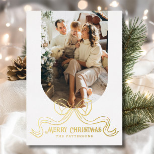 Merry Christmas Simple Modern Coquette Bow Photo Foil Holiday Card