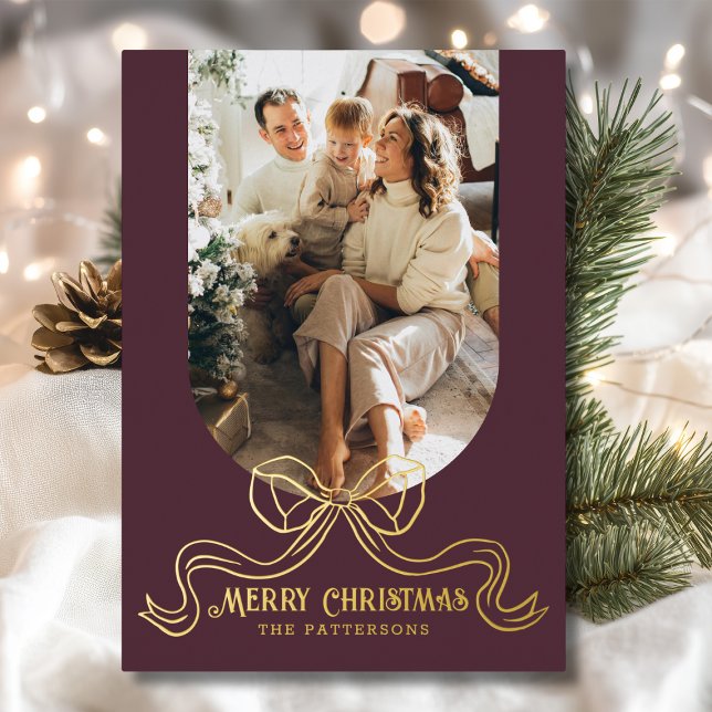 Merry Christmas Simple Modern Coquette Bow Photo Foil Holiday Card (Creator Uploaded)