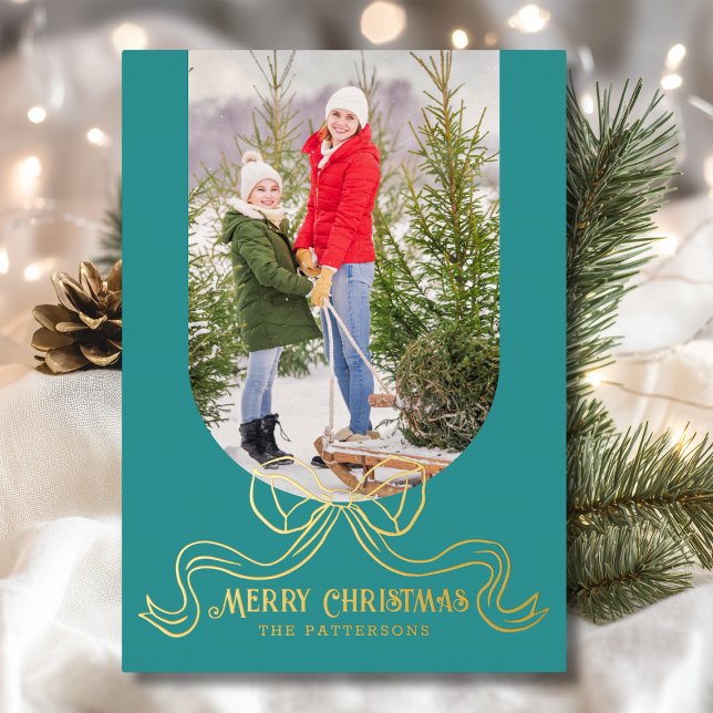 Merry Christmas Simple Modern Coquette Bow Photo Foil Holiday Card (Creator Uploaded)
