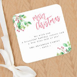 Merry Christmas simple modern family name Square Sticker<br><div class="desc">Modern stylish Merry Christmas red handwritten calligraphy script simple trendy sticker gift label with your custom personalised text and signature featuring watercolor botanical greenery and holly berries.</div>