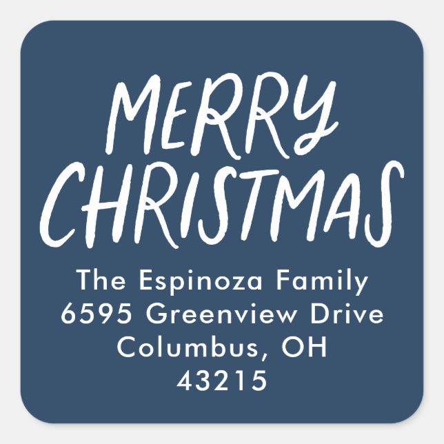 Merry Christmas simple nacy blue return address Square Sticker (Front)
