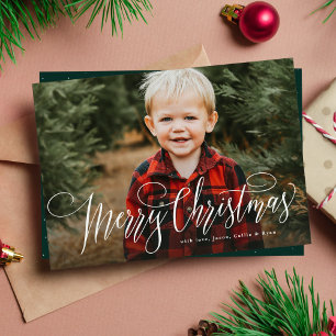 Merry Christmas simple one photo green family Holiday Card