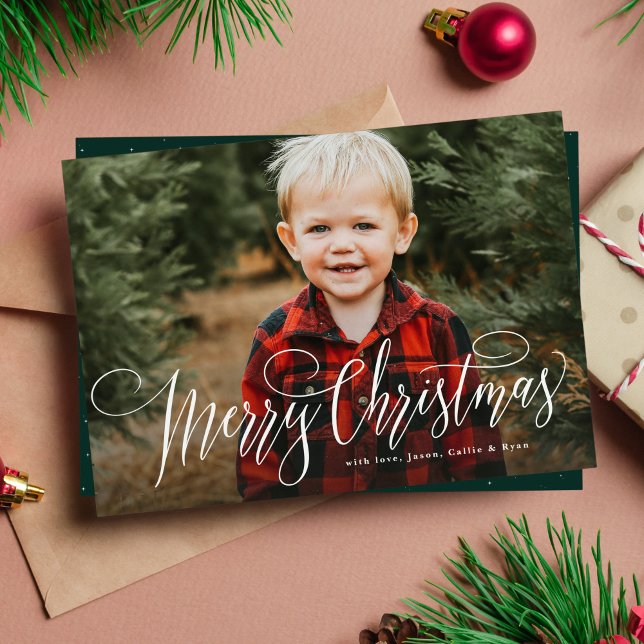 Merry Christmas simple one photo green family Holiday Card (Creator Uploaded)