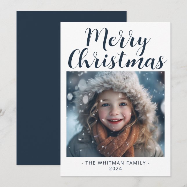 Merry Christmas Simple Photo Modern White Holiday Card (Front/Back)
