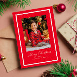 Merry Christmas simple red and white frame photo Holiday Card<br><div class="desc">With its cute wavy frame, this one-photo Christmas card is the perfect way to send holiday cheer. "Merry Christmas" in a fun script sits below a single vertical photo and pairs nicely with your custom personalised text. This simple holiday card is great for families, couples and more. The back of...</div>
