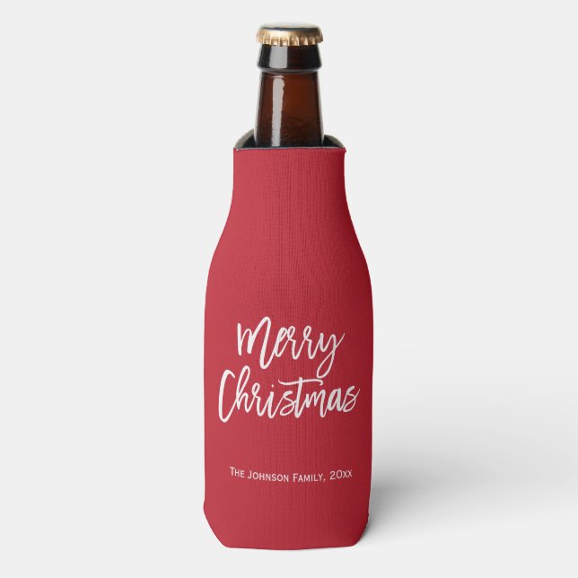 Merry Christmas Simple Red Bottle Cooler (Bottle Front)