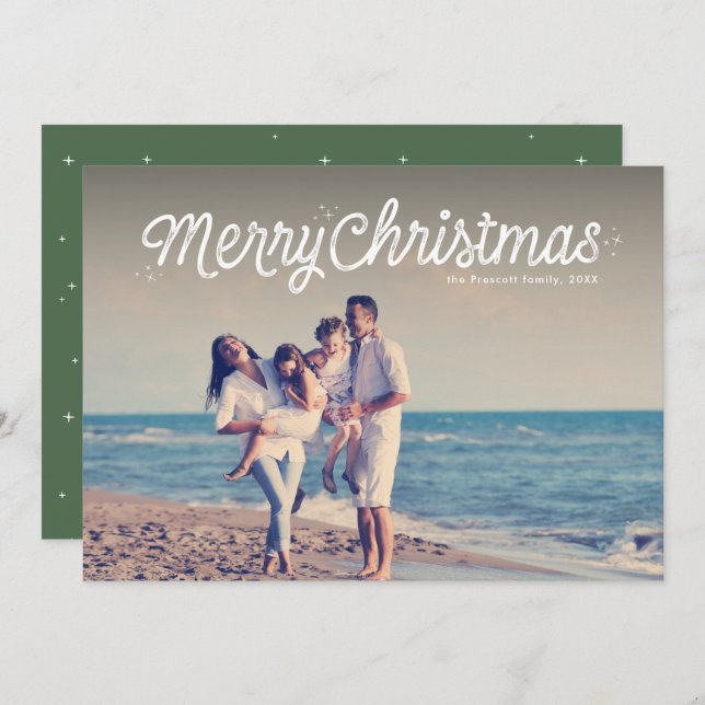 Merry Christmas simple retro script one photo Holiday Card (Front/Back)
