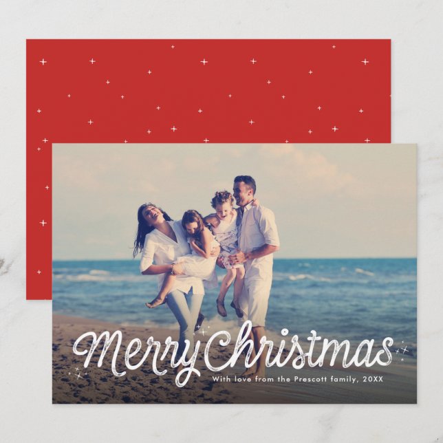 Merry Christmas simple retro script one photo Holiday Card (Front/Back)