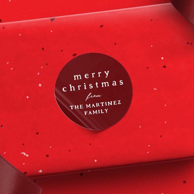 Merry Christmas simple rustic dark red holiday Classic Round Sticker (Creator Uploaded)