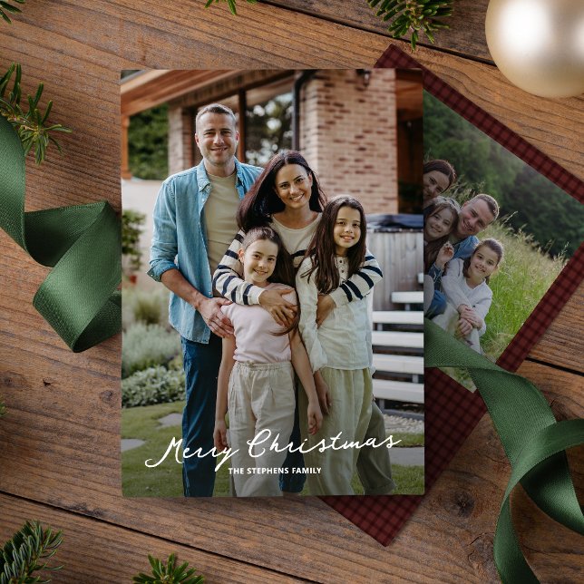 Merry Christmas simple rustic script photo Holiday Card (Creator Uploaded)