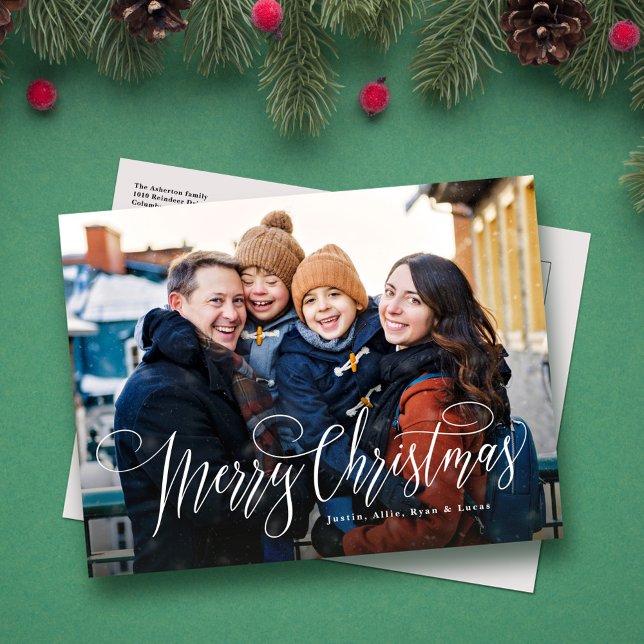 Merry Christmas simple script family photo Holiday Postcard (Creator Uploaded)