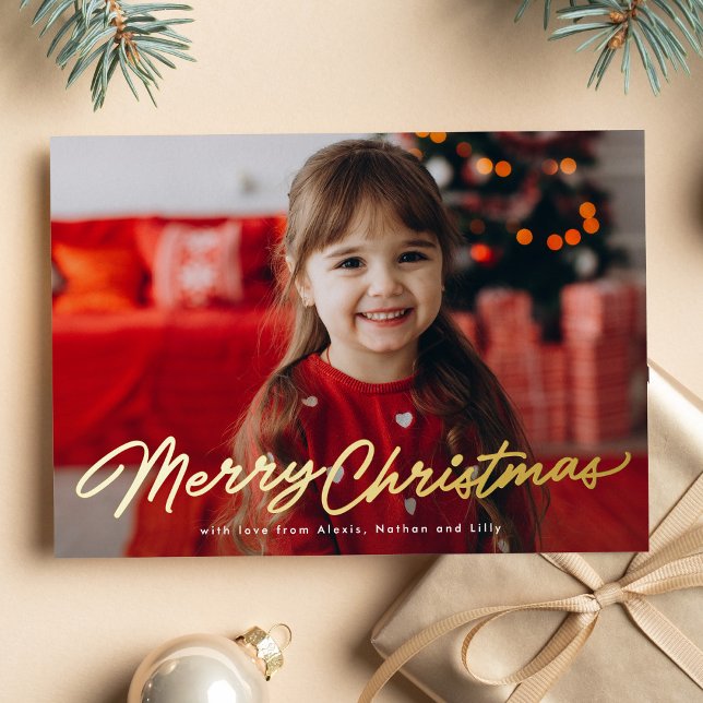 Merry Christmas simple script two photo Foil Holiday Card (Creator Uploaded)