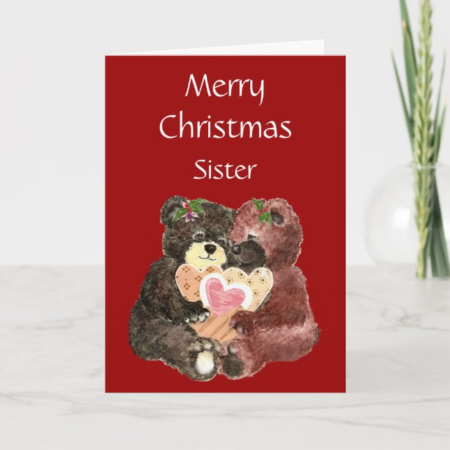 Merry Christmas Sister,Teddy Bear  Hugs Holiday Card (Front)