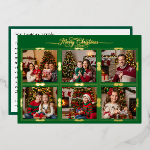Merry Christmas Six Framed Pictures Front Green Foil Holiday Card