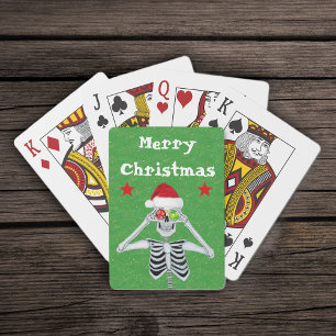 Merry Christmas Skeleton Ornaments Stars Santa Hat Playing Cards
