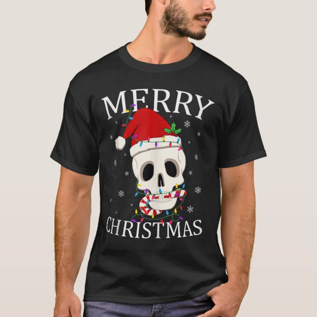 Merry Christmas Skeleton Skull Xmas Lights Men Wom T-Shirt (Front)
