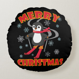 Merry Christmas Skiing Penguin Round Cushion