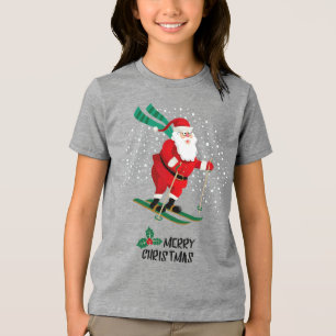 Merry Christmas Skiing Santa Claus Winter Holidays Tri-Blend Shirt