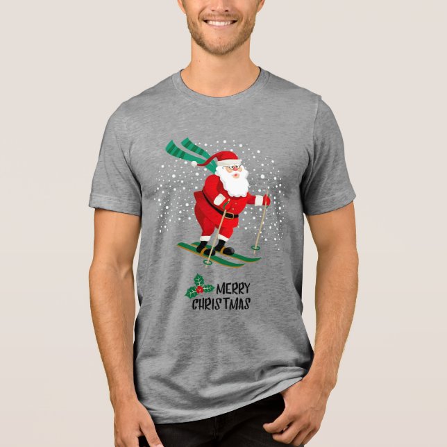 Merry Christmas Skiing Santa Claus Winter Holidays Tri-Blend Shirt (Front)