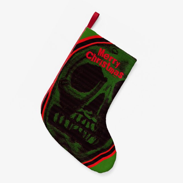 Merry Christmas Skull Green Small Christmas Stocking (Front (Hanging))