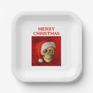 Merry Christmas. Skull wearing Santa hat Paper Plate