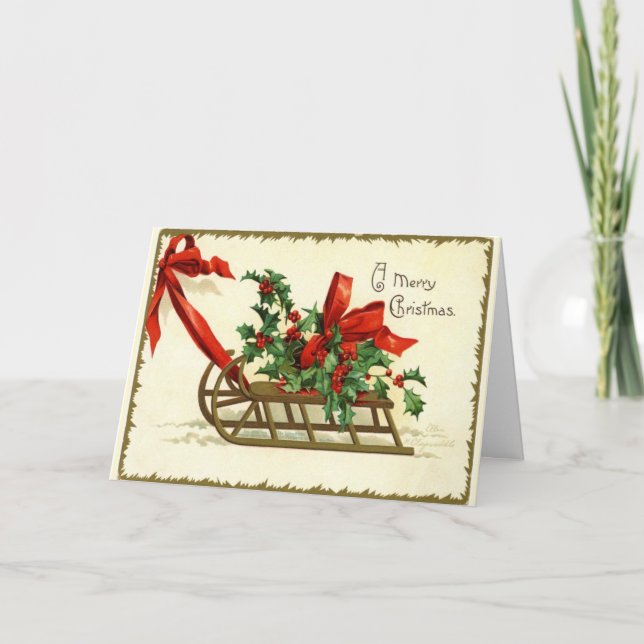 Merry Christmas Sled Vintage Reproduction Card (Front)